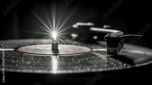 Wet vinyl record on turntable, bright starburst light from center