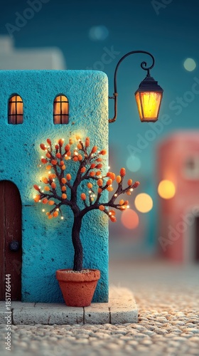Whimsical miniature blue house, glowing tree, lantern, cobblestone street