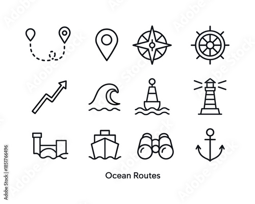 Ocean Route Icons. Ocean Routes. Line icon set of Ocean Routes: