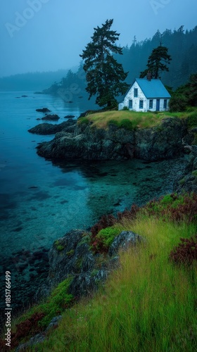 White house on a misty rocky coast overlooking clear turquoise water