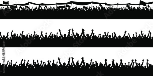 Cheering crowd silhouettes banners set isolated on white background, people raising hands illustration for festival, concert, celebration, protest concept vector