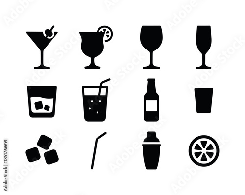 Nightlife Drink Icons. Nightlife drinks. Solid icon set of night