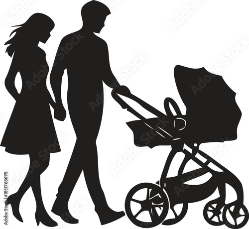 Family Walk Silhouette: A loving couple strolling with their newborn in a modern stroller, a tender moment of togetherness representing parenthood, care, and the beginning of a family