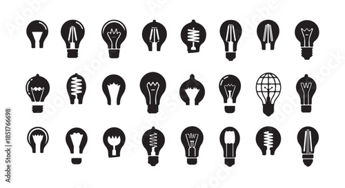 Collection of diverse light bulb icons in black and white