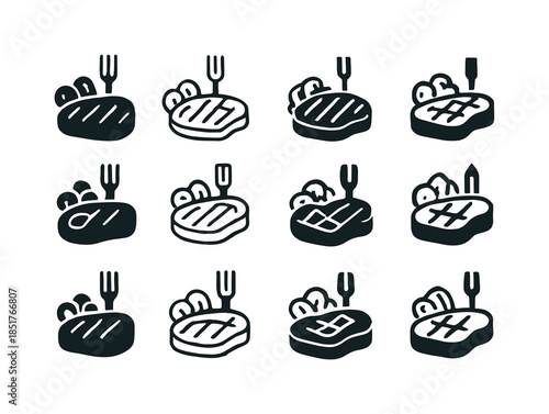 Steak Icon Variations. A close-up of a perfectly cooked steak wi