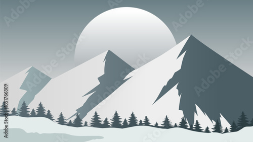Snowy mountain landscape illustration with snow hill and pine trees