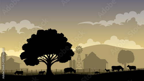 Farm landscape illustration with farmhouse and animal livestock