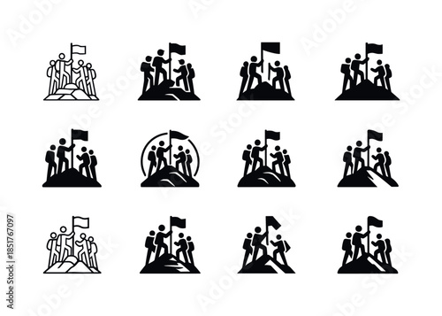 Hikers' Summit Icons. A group of hikers at the summit of a mount