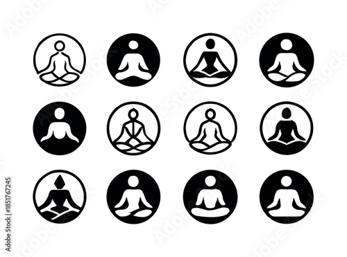 Yoga Meditation Icons. People meditating or practicing yoga. Ico