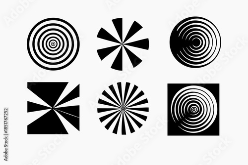 Collection of abstract black and white geometric patterns for optical illusion designs