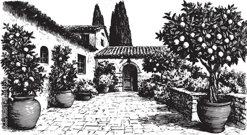 Farmhouse courtyard with clay pots and lemon trees. Traditional stone wall and outdoor garden vector illustration.