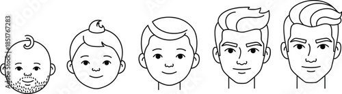 Male Face Age Progression Avatar Icon Set Black Outline Hairstyle Vector