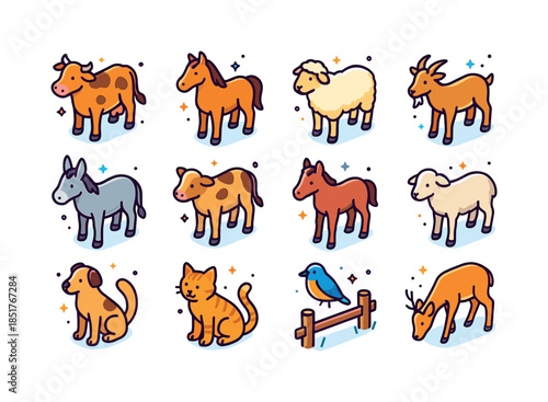 Colorful Pasture Icons. Pasture Animals. Colorful isometric vect