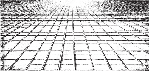 Building surface with grid perspective. Monochrome vector illustration showing geometric arrangement.