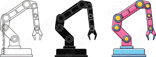 Industrial Robotic Arm Icon Set Outline Solid Color Automation Vector