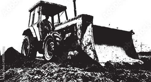 Tractor construction equipment illustration in black and white. Heavy machinery for dirt digging and moving in a construction site set vector illustration.