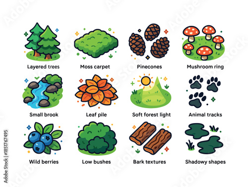 Woodland Glade Icons. Woodland glade. Colorful isometric vector