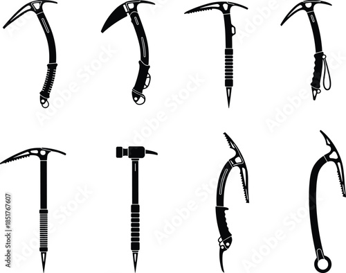 Climbing ice axe silhouettes isolated on white background, mountaineering tools set illustration for alpine adventure, hiking, extreme sport design vector