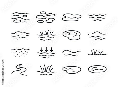 Waterlogged Terrain Icons. Waterlogged Terrain. Line icon set of