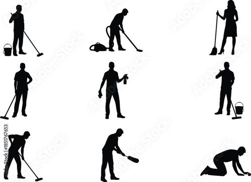 Cleaning worker silhouettes set, janitor maid mopping sweeping vacuuming, housekeeping maintenance service jobs, professional sanitation vector illustration isolated white background