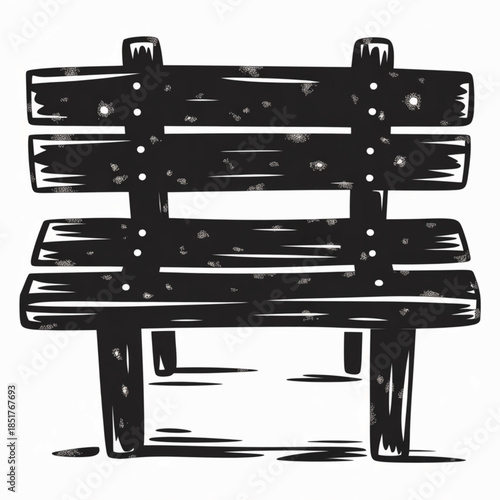 Rustic Black and White Illustration of a Slotted Wooden Park Bench for Urban Landscaping, Public Space Planning, and Outdoor Park Graphic Design.
