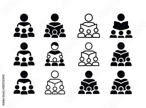 Reading Aloud Icons. Reading aloud to students. Icon set. Set Lo