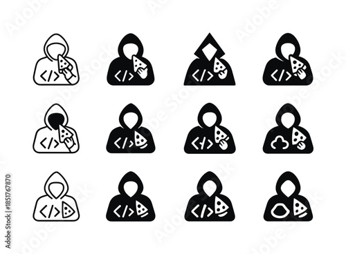 Coder's Pizza Paradise. Sweat + Code + Pizza. Icon set. Set Logo