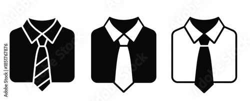 Collection of Three Black and White Shirt and Tie Icons in Different Graphic Styles for Business Branding, Professional Identity, and Formal Apparel Design.