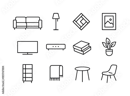 Modern Living Room Icons. Modern living room. Line icon set of m