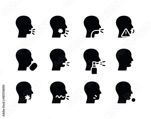 Throat Symptom Icons. Throat symptoms. Solid icon set of Throat