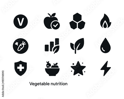 Vegetable Nutrition Icons. Vegetable nutrition. Solid icon set o