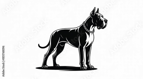 Detailed Black and White Illustration of a Strong Great Dane Dog Wearing a Collar for Kennel Branding, Pet Security, and Canine Loyalty Graphics.