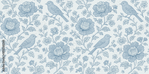 Toile De Jouy vintage floral seamless pattern with flowers and birds in delicate blue color palette