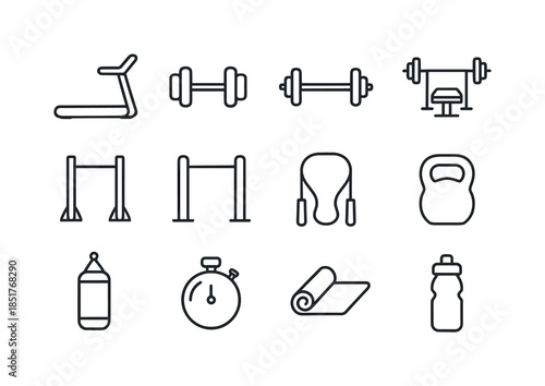 Gym Equipment Icons. Gym training. Line icon set of gym training
