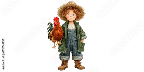 A Cheerful Young Farmer with a Rooster: Capturing the Joy of Rural Life and the Bond Between Children and Animals in a Vibrant Illustration, png, isolated on transparent background