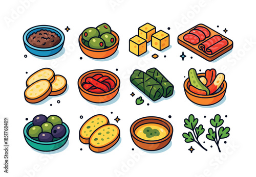 Colorful Tapas Icons. Tapas Spread. Colorful isometric vector ic
