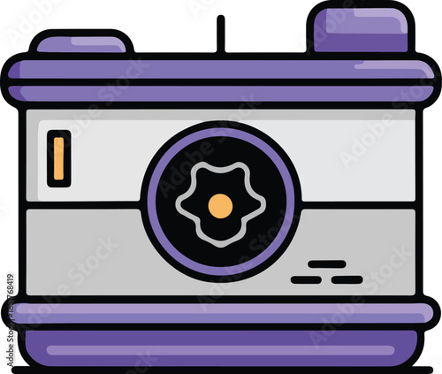 Vintage retro analog film camera icon with purple accents.