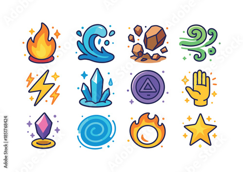 Elemental Magic Icons. Elemental Magic. Colorful isometric vecto