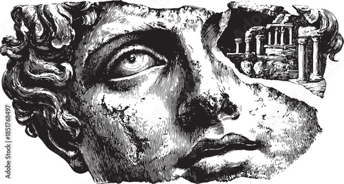 Sculpture of a classical head in black and white. Detailed vector illustration representing art and heritage.