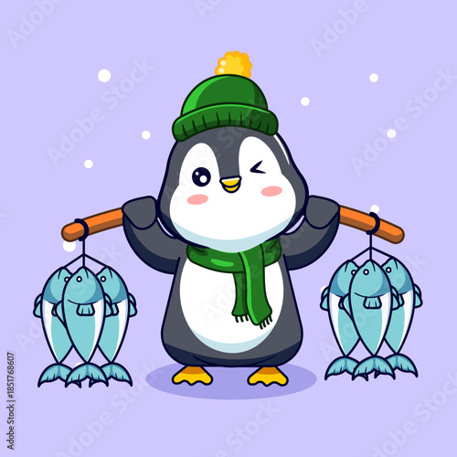 Cute Penguin Fisherman Carrying Fresh Fish Vector Illustration Cartoon Design