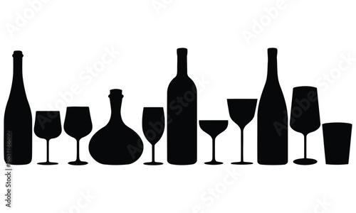 Wine bottle and glass silhouette vector set alcohol drinkware icons on white background