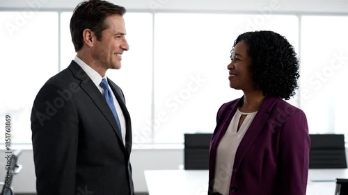 Two professionals a man and a woman shaking hands in a bright office