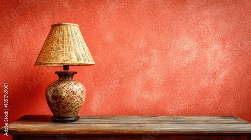 A vintage table lamp with a detailed ceramic base sits on a weathered wood surface before a vibrant textured red wall.