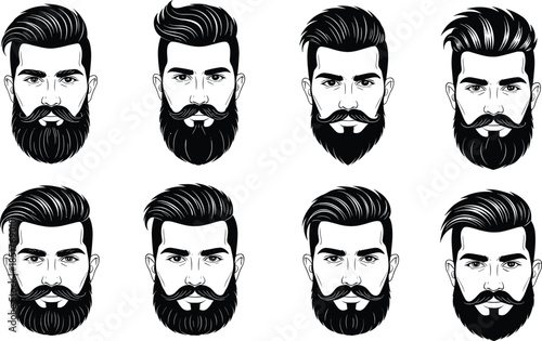 Stylish Bearded Man Face Illustration Set Black Hair Beard Portrait Vector