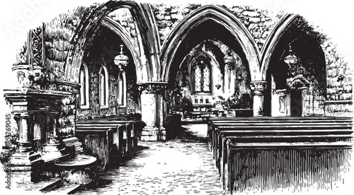 Gothic church interior in black and white engraving style. Detailed architectural features with pillars and windows in a vintage vector illustration.