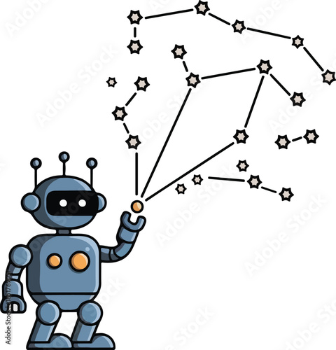 Cute cartoon robot projecting a digital star constellation map.