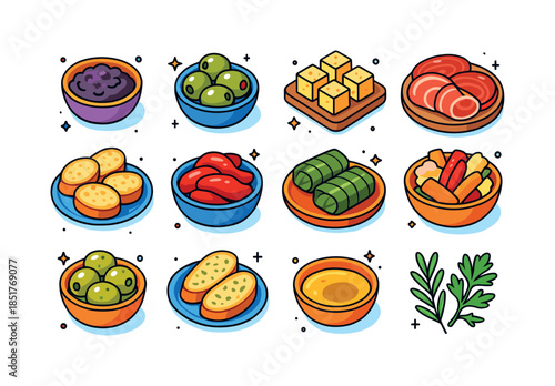 Colorful Tapas Icons. Tapas Spread. Colorful isometric vector ic