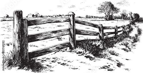 Black and white etching of an old wooden fence in a rural landscape. Detailed vector illustration showcasing nature and scenic views.