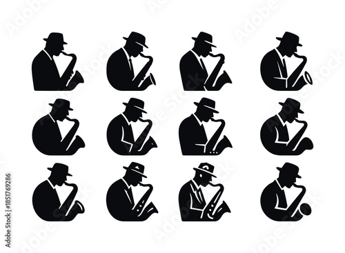 Saxophone Logo Variations. A jazz musician playing a saxophone i