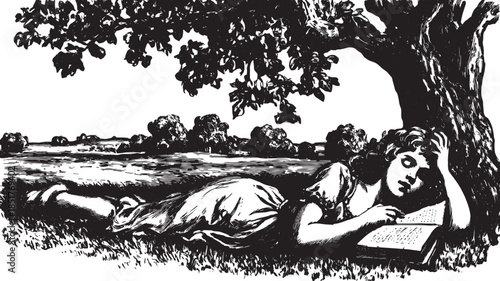 Girl reading a book under a tree in a vintage vector illustration style. Black and white outdoor scene reflecting relaxation in nature.